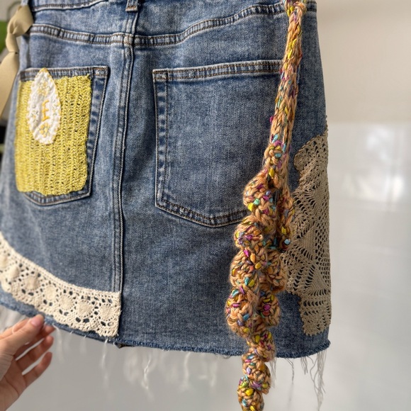 E Denim Mini Skirt Upcycled antique Lace Embellishments but EKA Erika Kelly - Picture 3 of 8